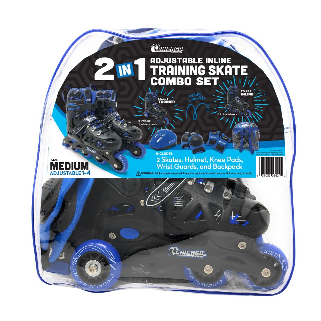 Chicago Skates 2-in-1 Adjustable Inline Training Skate Combo Set- Blue
